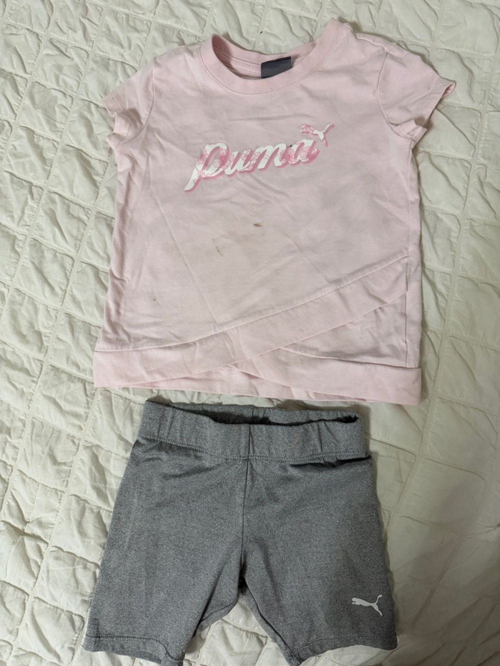 Girls size 4T puma Pink Logo Tee with Gray Bike Shorts
